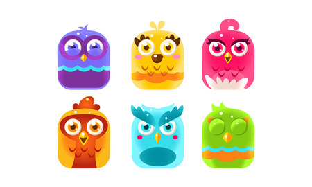 Collection of colorful glossy birds, lovely bright birdies vector Illustration isolated on a white background.のイラスト素材