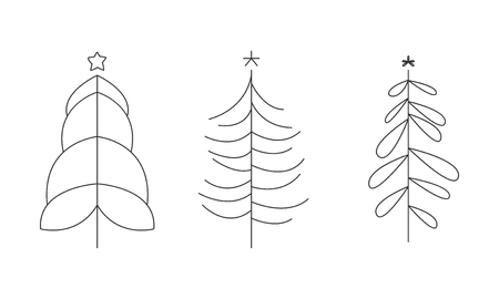 Christmas trees set, hand drawn monochrome coniferous forest trees with contour lines vector Illustrationのイラスト素材