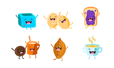 Cute food and drinks characters set, funny healthy breakfast, eggs, toaster, biscuit and yogurt, pie, sandwich with jam vector Illustration isolated on a white background.のイラスト素材