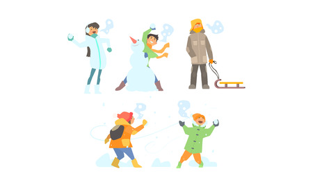 Winter activities set, making snowman, playing snowballs, kids having fun and enjoying snow vector Illustration isolated on a white background.のイラスト素材