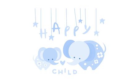 Happy child, cute kids poster with an elephant in blue colors, template can be used for invitation, card, poster, banner vector Illustrationのイラスト素材