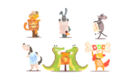 Collection of funny animals in different situations, amusing animals holding signs vector Illustration isolated on a white background.のイラスト素材