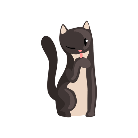 Cute black cat, funny pet character, furry human friend vector Illustration isolated on a white background.のイラスト素材