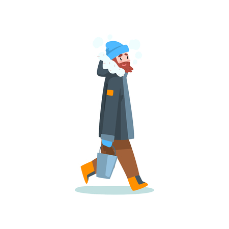 Warmly dressed man with bucket, outdoor leisure, extremal ice winter fishing vector Illustration isolated on a white background.のイラスト素材