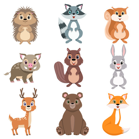 Cute forest animals and birds set, squirrel, hare, boar, raccoon, hedgehog, fox, bear, deer cartoon characters vector Illustration isolated on a white background.のイラスト素材