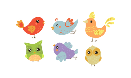 Set of 6 colorful little birds. Lovely creatures with small wings. Fauna theme. Graphic elements for greeting card or children book. Vector illustrations in flat style isolated on white background.のイラスト素材