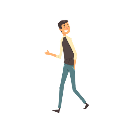 Smiling young man walking in casual clothes vector Illustration isolated on a white background.のイラスト素材