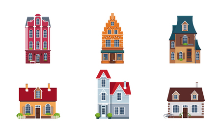Building facades set, buildings, houses, cottages of different architectural styles vector Illustrationのイラスト素材
