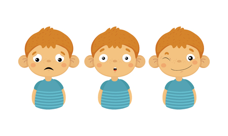 Set of cute boy character showing different emotions. Upset, surprised and smiling face with winking eye. Kid in blue t-shirt. Colorful vector illustrations in flat style isolated on white background.のイラスト素材