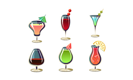 Set of various cocktails in glasses. Tasty alcoholic drinks with umbrellas and fruits. Refreshing summer beverages. Elements for menu or party poster. Cartoon vector icons isolated on white backgroundのイラスト素材