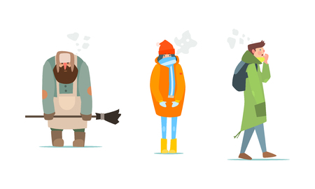 Warmly dressed people, janitor, girl and young man in winter clothes vector Illustration isolated on a white background.のイラスト素材
