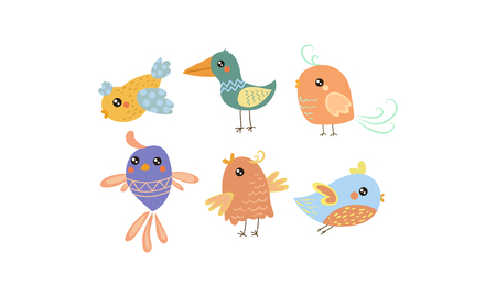 Collection of cute little birds. Lovely creatures with small wings. Fauna theme. Graphic elements for children book or mobile game. Colorful vector icons in flat style isolated on white background.のイラスト素材