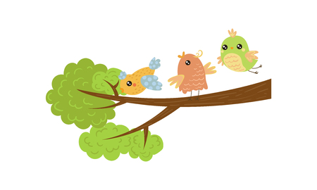 Three cute little birds on tree branch. Spring season. Lovely creatures. Fauna and nature theme. Graphic element for children book. Colorful flat vector illustration isolated on white background.のイラスト素材