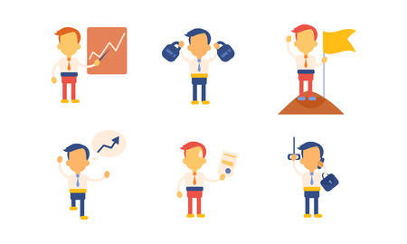 Set of businessman in different working actions. Man showing presentation, bringing document, talking by phone, holding flag. Character of entrepreneur. Flat vector icons isolated on white background.のイラスト素材