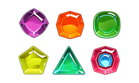 Set of 6 shiny gemstones of different shapes. Valuable stones. Gaming assets. Graphic elements for online mobile game. Cartoon vector icons. Colorful illustrations isolated on white backgroundのイラスト素材