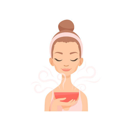 Attractive young woman caring for her face with steam, facial treatment procedure vector Illustration isolated on a white background.のイラスト素材