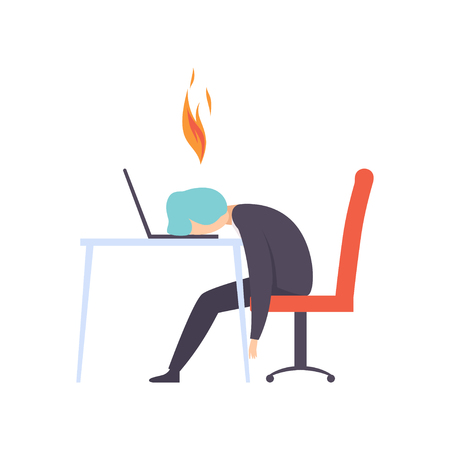 Overworked exhausted man sitting at his working place with computer in office, businessman with burning brain, emotional burnout concept, stress, headache, depression, psychological problems vector Illustration isolated on a white background.