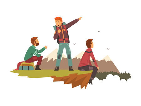 People resting on top of the mountain, men travelling together, tourists hiking in mountains, backpacking trip or expedition vector Illustration isolated on a white background.のイラスト素材