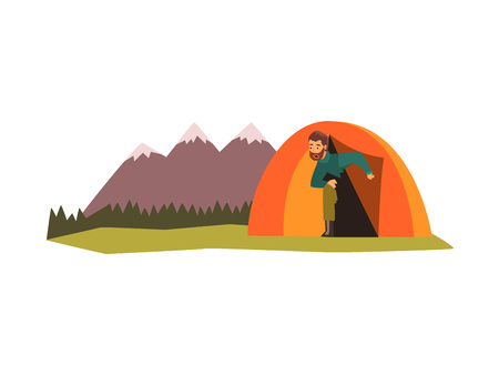 Man looking out of tent, summer landscape with mountains and forest, camping, traveling, outdoor adventures vector Illustration isolated on a white background.のイラスト素材