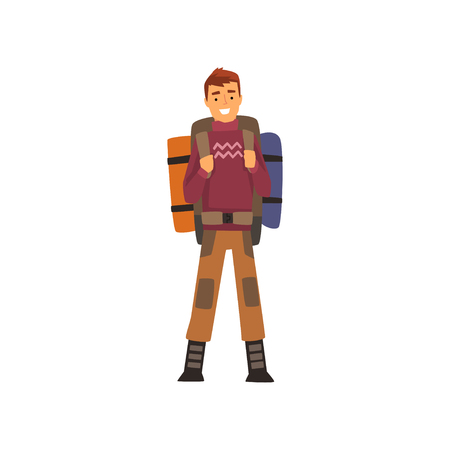 Smiling man with backpack, outdoor adventures, travel, camping, backpacking trip or expedition vector Illustration isolated on a white background.のイラスト素材