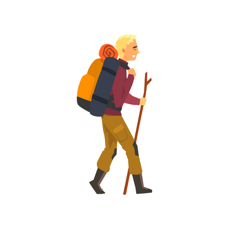 Man walking with backpack and stuff, outdoor adventures, travel, camping, backpacking trip or expedition vector Illustration isolated on a white background.のイラスト素材