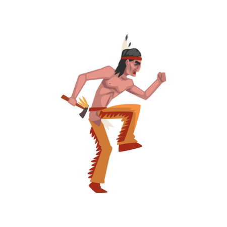 Native American Indian man with tomahawk, tribe member in traditional ethnic clothes and headband with feather vector Illustration isolated on a white background.のイラスト素材