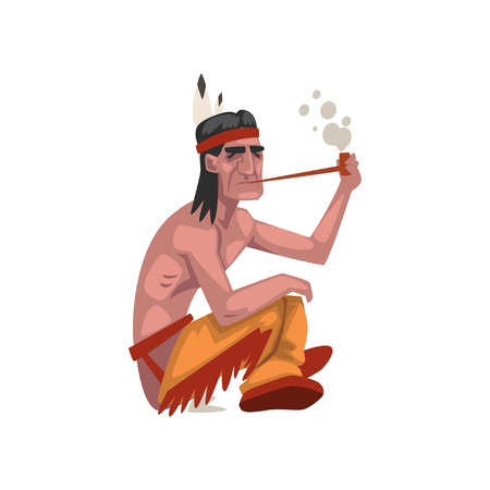 Native American Indian man smoking pipe, tribe member in traditional ethnic clothes and headband with feather vector Illustration isolated on a white background.のイラスト素材