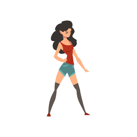 Beautiful confident brunette girl, woman fighting for rights, feminism concept vector Illustration isolated on a white background.のイラスト素材