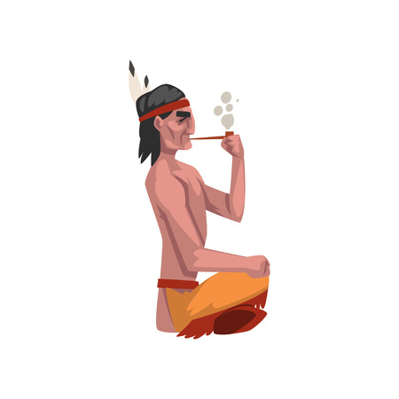 Native American Indian man sitting with his legs crossed and smoking pipe, tribe member in traditional ethnic clothes and headband with feather vector Illustration isolated on a white background.のイラスト素材