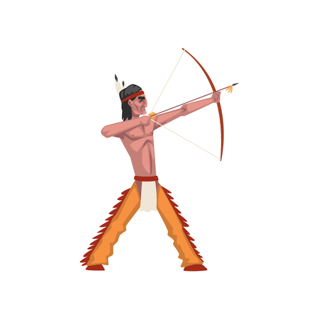 Native American Indian man shooting a bow, tribe member in traditional ethnic clothes and headband with feather vector Illustration isolated on a white background.のイラスト素材