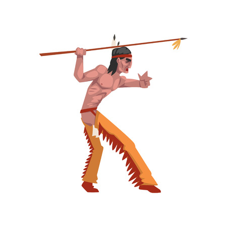 Native American Indian man with spear, tribe member in traditional ethnic clothes and headband with feather vector Illustration isolated on a white background.のイラスト素材