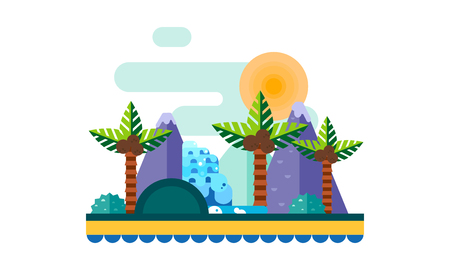 Beautiful landscape with tropical plants and trees, sand beach with palms, mountains and sun vector Illustration, web designのイラスト素材