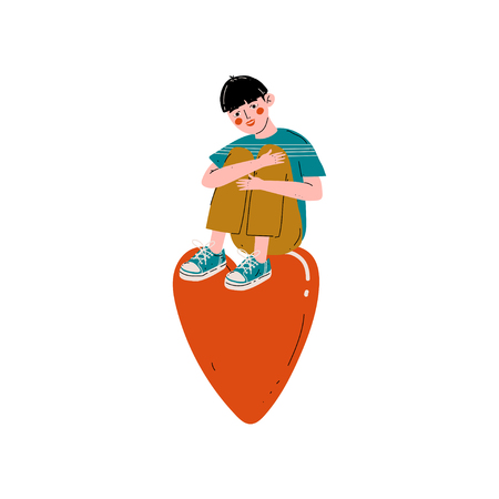 Teen Boy Sitting on a Huge Red Heart, Happy Valentine Day Vector Illustration Isolated on White Background.のイラスト素材