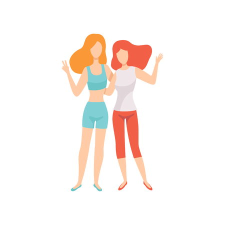 Two Happy Women Friends Posing Together, Female Friendship Vector Illustration on White Backgroundのイラスト素材