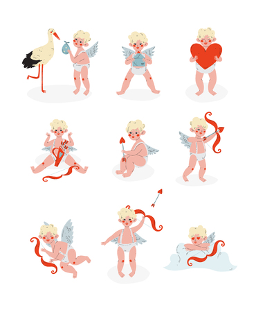 Cute Funny Cupid in Different Situations set, Amur Baby Angel, Happy Valentine Day Symbol Vector Illustration Isolated on White Background.のイラスト素材