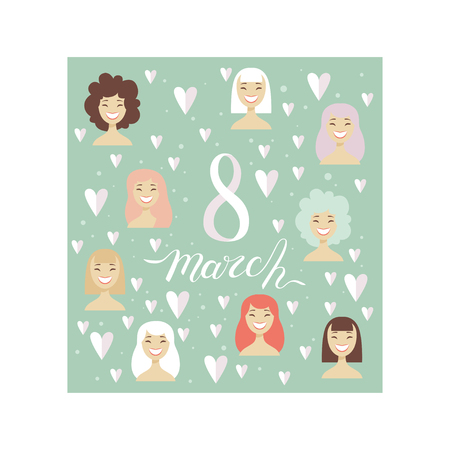 8 March Greeting Card with Smiling Women, Party Invitation, Festive Banner, Spring or Summer Design Vector Illustration on White Background.のイラスト素材