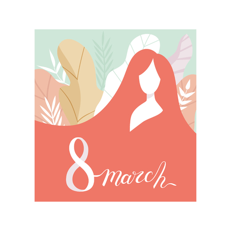 8 March Greeting Card in Pastel Colors with Beautiful Woman, Party Invitation, Festive Banner Vector Illustration on White Background.のイラスト素材