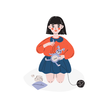 Girl Sewing Bunny, Hobby, Hobby, Education, Creative Child Development Vector Illustration on White Backgroundのイラスト素材