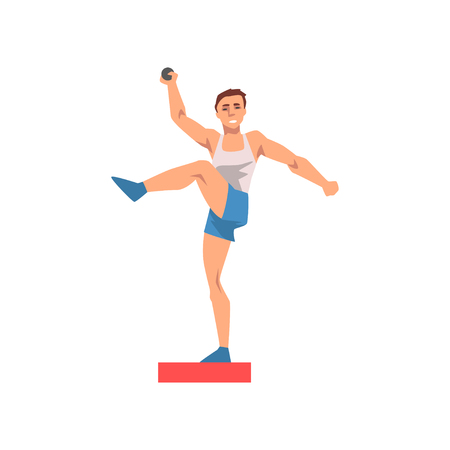 Shot Putter Male Athlete Character in Sports Uniform, Active Sport Healthy Lifestyle Vector Illustration on White Background.のイラスト素材