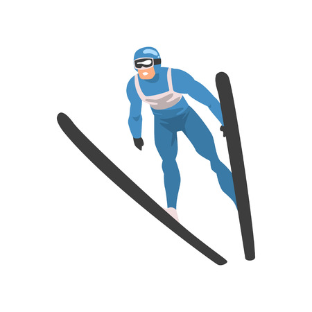 Freestyle Skier Jumping, Male Athlete Character in Sports Uniform, Active Sport Healthy Lifestyle Vector Illustration on White Background.のイラスト素材