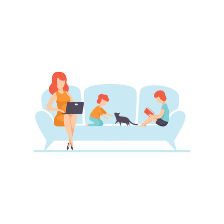 Mother Sitting on Sofa and Working on Laptop Computer, Her Kids Sitting Next to Her, Freelancer, Parent Working with Child, Mommy Businesswoman Vector Illustration Isolated on White Background.のイラスト素材