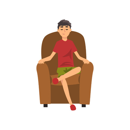 Young Man Sitting on Chair with Closed Eyes, Guy Spending Weekend at Home and Relaxing, Rest at Home Vector Illustration Isolated on White Background.のイラスト素材