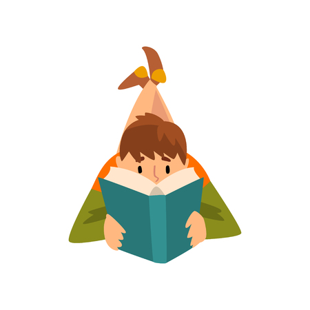 Young Man Lying on His Stomach and Reading Book, Guy Spending Weekend at Home and Relaxing, Rest at Home Vector Illustration Isolated on White Background.のイラスト素材