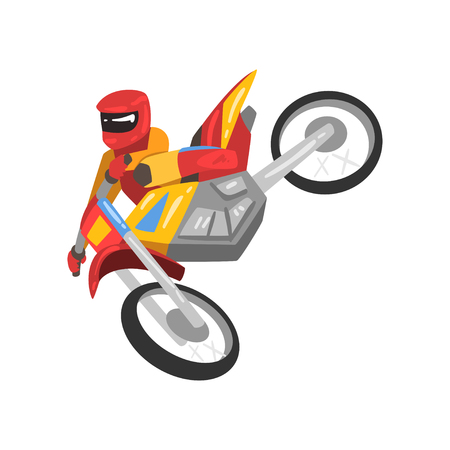 Sportsman Riding Motorbike, Motorcyclist Male Character Performing Trick, Motocross Racing Vector Illustration Isolated on White Background.のイラスト素材