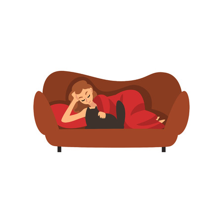 Girl Lying on Couch Under Blanket and Stroking Cat, Young Woman Spending Weekend at Home and Relaxing, Rest at Home Vector Illustration Isolated on White Background.のイラスト素材