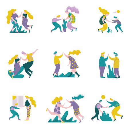 People Giving High Five to Each Other Set, Male and Female Characters Having Fun, Human Interaction, Friendship, Teamwork, Cooperation Vector Illustration on White Background.のイラスト素材