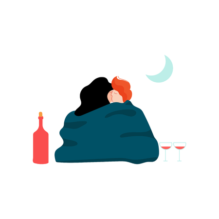 Young Man and Woman Wrapped in Blanket Embracing Each Other at Night Picnic, Romantic Couple, Happy Lovers on Date Vector Illustration on White Background.のイラスト素材