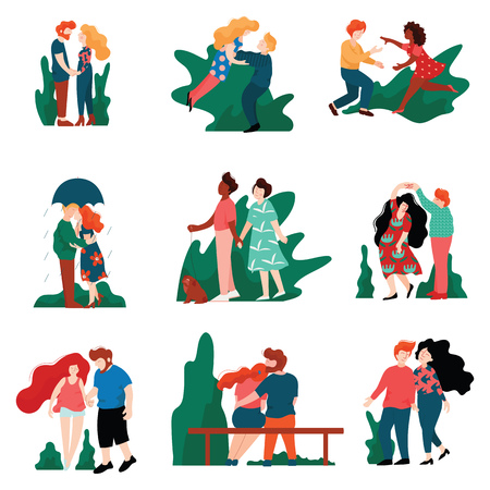 Collection of Happy Young Men and Women on Dates, Romantic Couples Walking, Embracing, Kissing and Holding hands, Happy Lovers on Date Vector Illustration on White Background.のイラスト素材