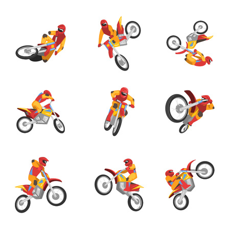 Motorcyclist Driving Motorcycle set, Motocross Racing, Sportsman Performing Tricks Vector Illustration Isolated on White Background.のイラスト素材