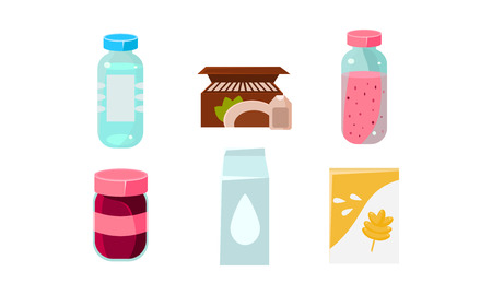 Food icons set, grocery products in plastic and cardboard packaging vector Illustration isolated on a white background.のイラスト素材